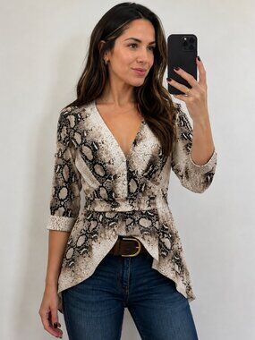 Poésie Snakeskin Printed Tie Waist Blouse with High-Low Hem